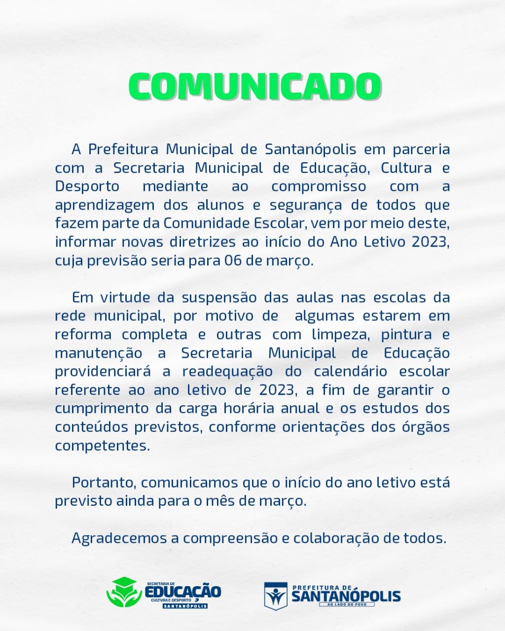 COMUNICADO: Suspensão do Ano Letivo